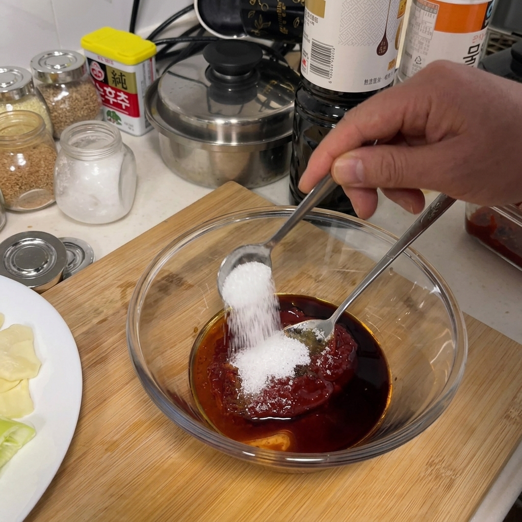 A spoon sprinkling white sugar into a glass bowl containing a dark red sauce.