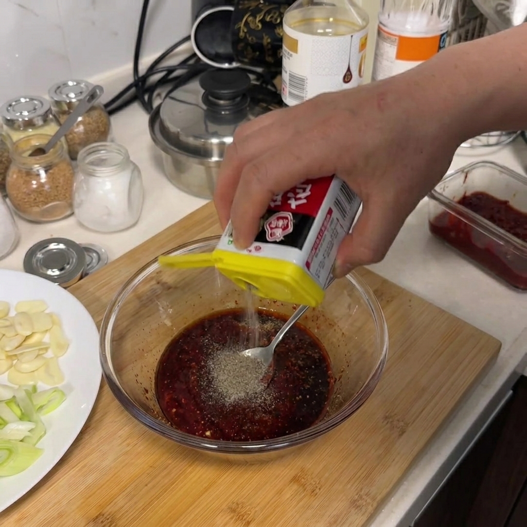 A close-up shot of black pepper powder being shaken from a yellow spice container into a glass bowl with red sauce.