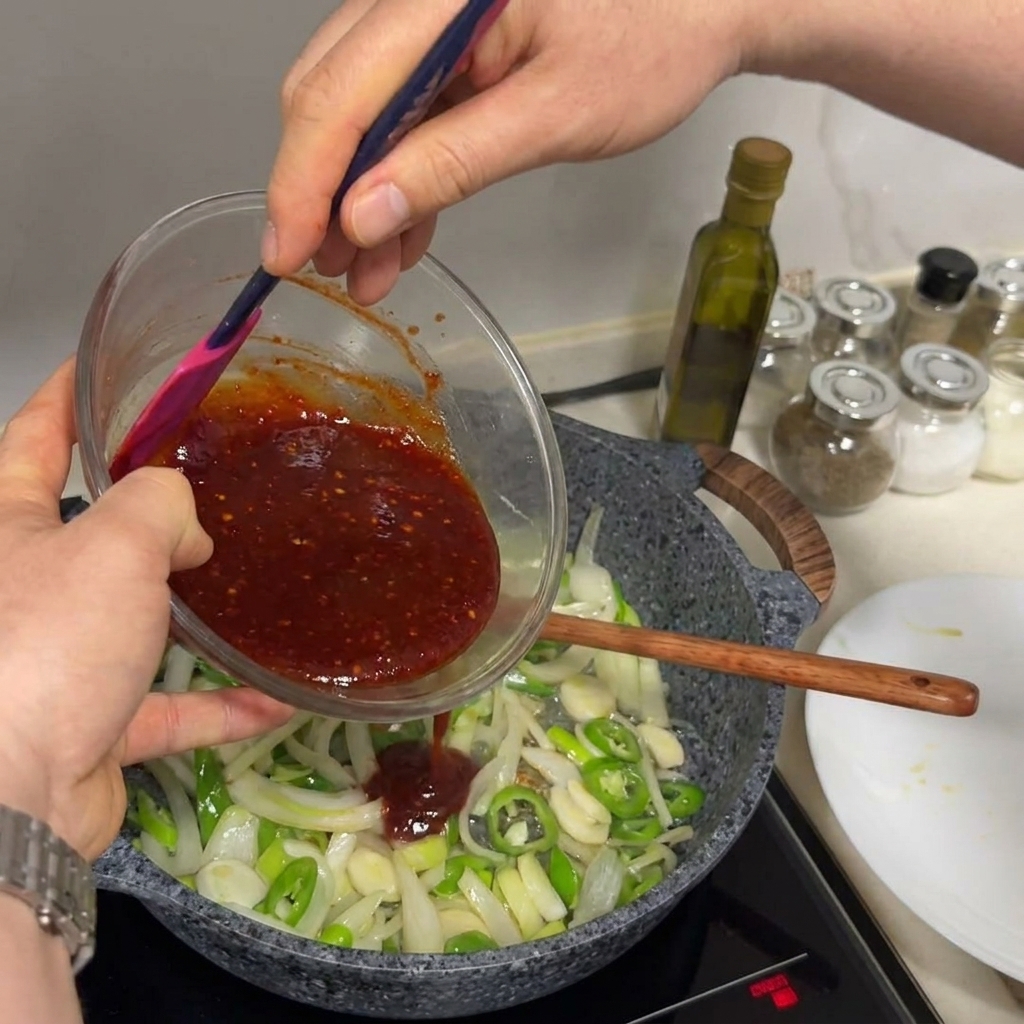 Thick red sauce being poured from a glass bowl into a hot frying pan containing sautéed vegetables.