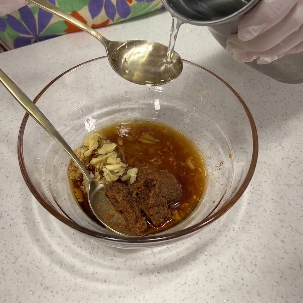 Various seasonings being stirred together in a glass bowl with a metal spoon.