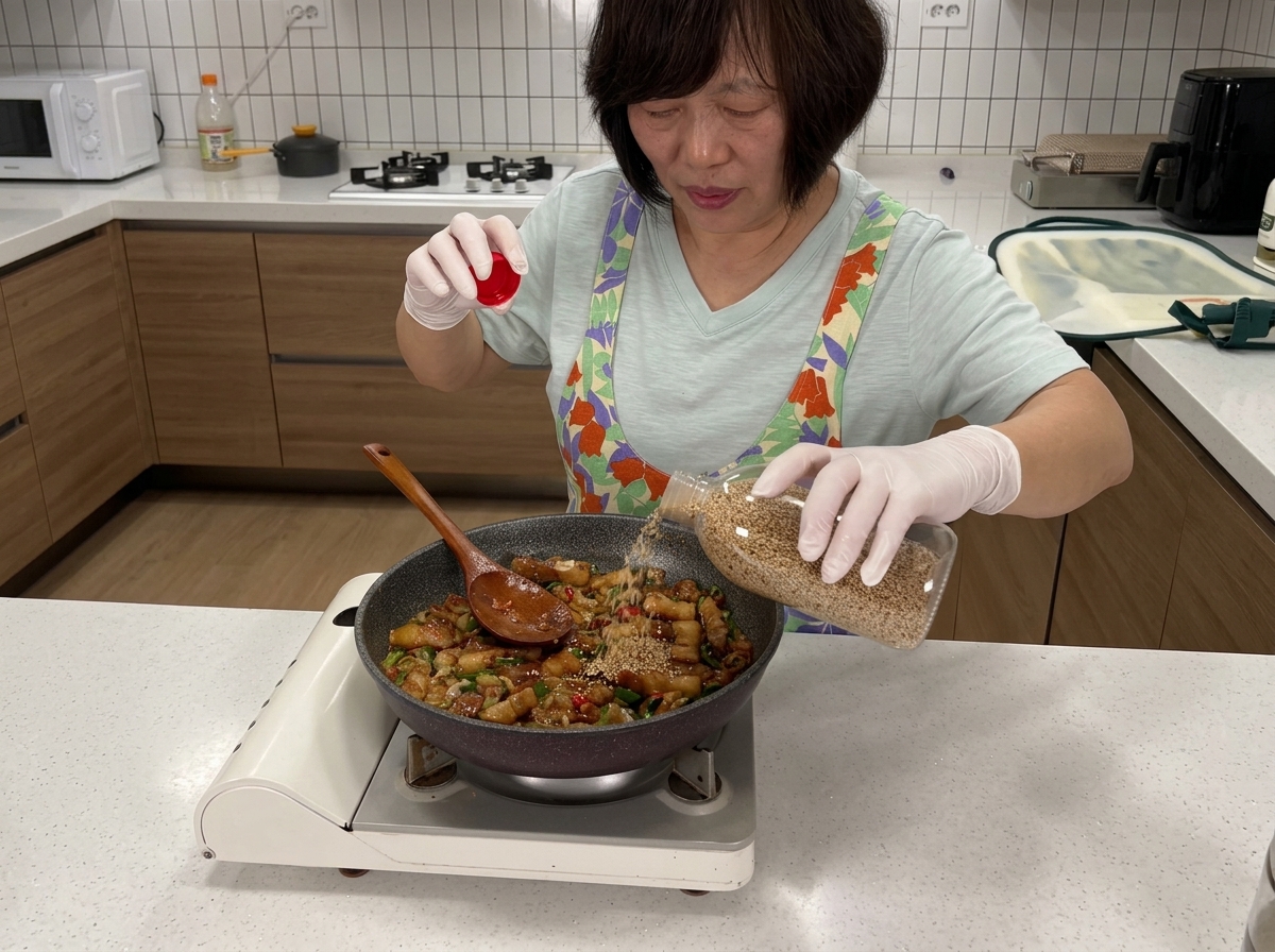 Hand holding a bottle of sesame seeds, sprinkling them over the finished pork belly stir-fry.