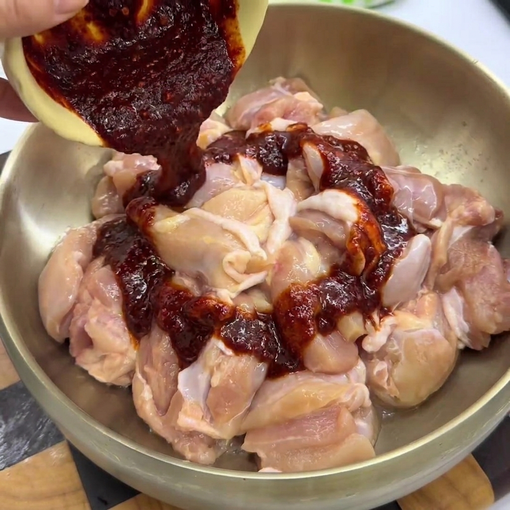 Red sauce being poured over chicken pieces in a large metal bowl.