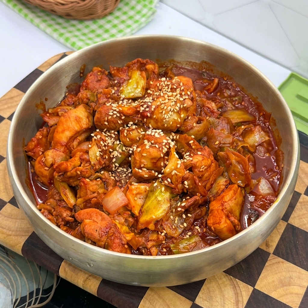 Spicy marinated chicken stir-frying with cabbage and onion chunks in a brass pan.