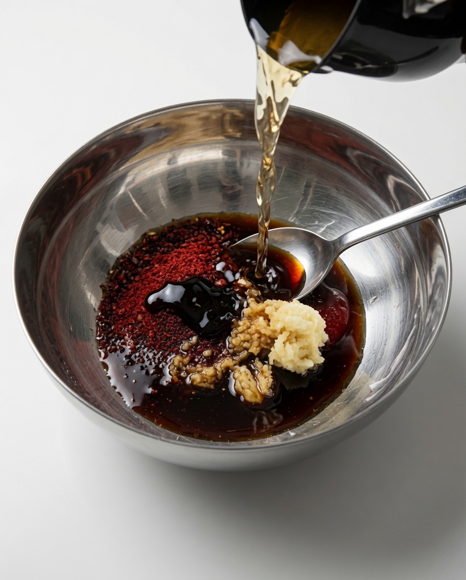 The marinade ingredients being stirred together in a bowl with a spoon.