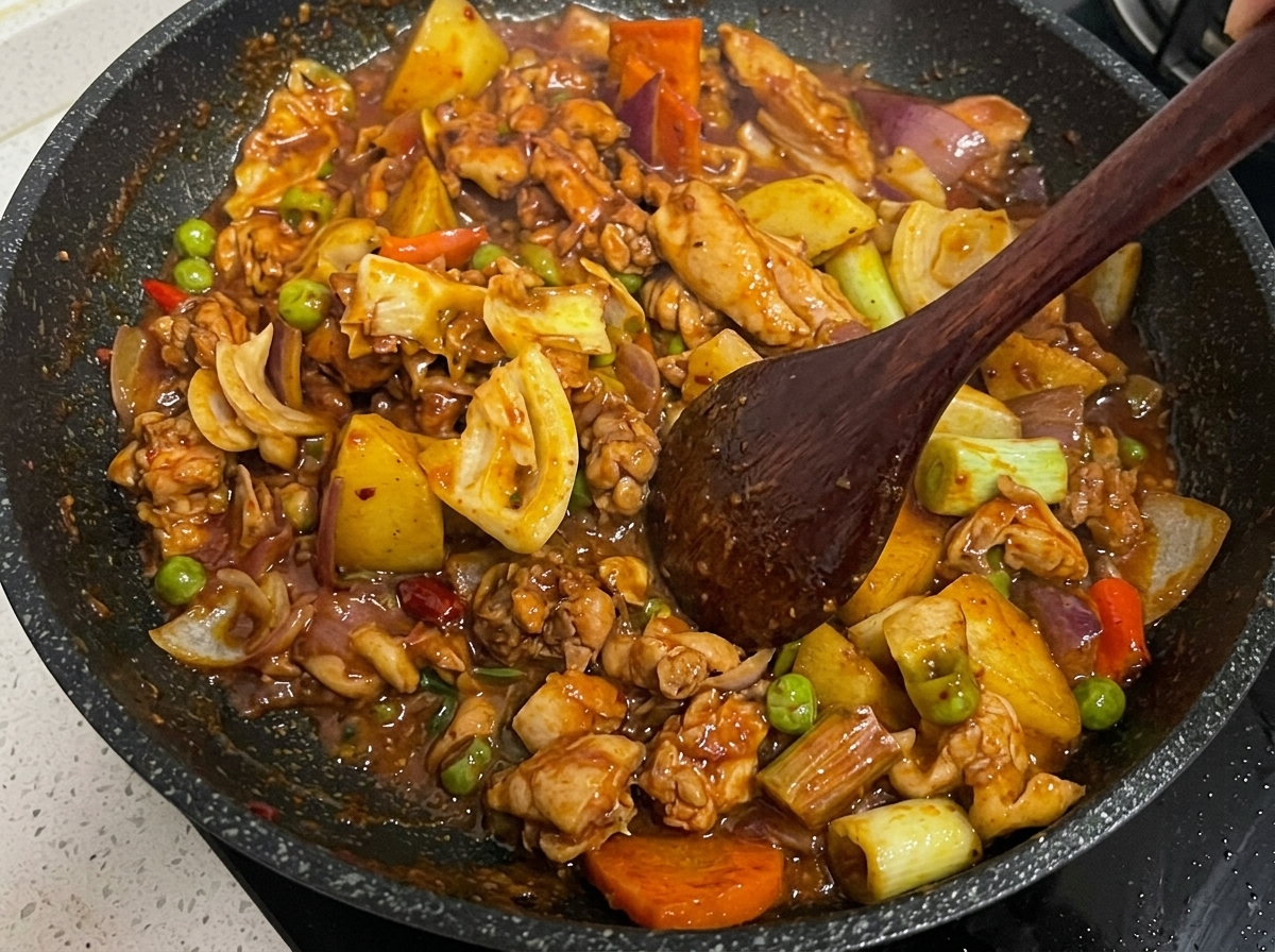 Chicken and mixed vegetables cooking in a bubbling dark red sauce inside a hot skillet.