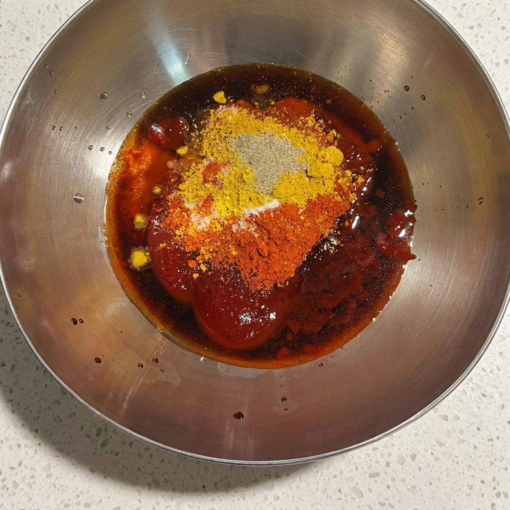 Chicken pieces being mixed by hand in a bowl of dark, seasoned marinade.