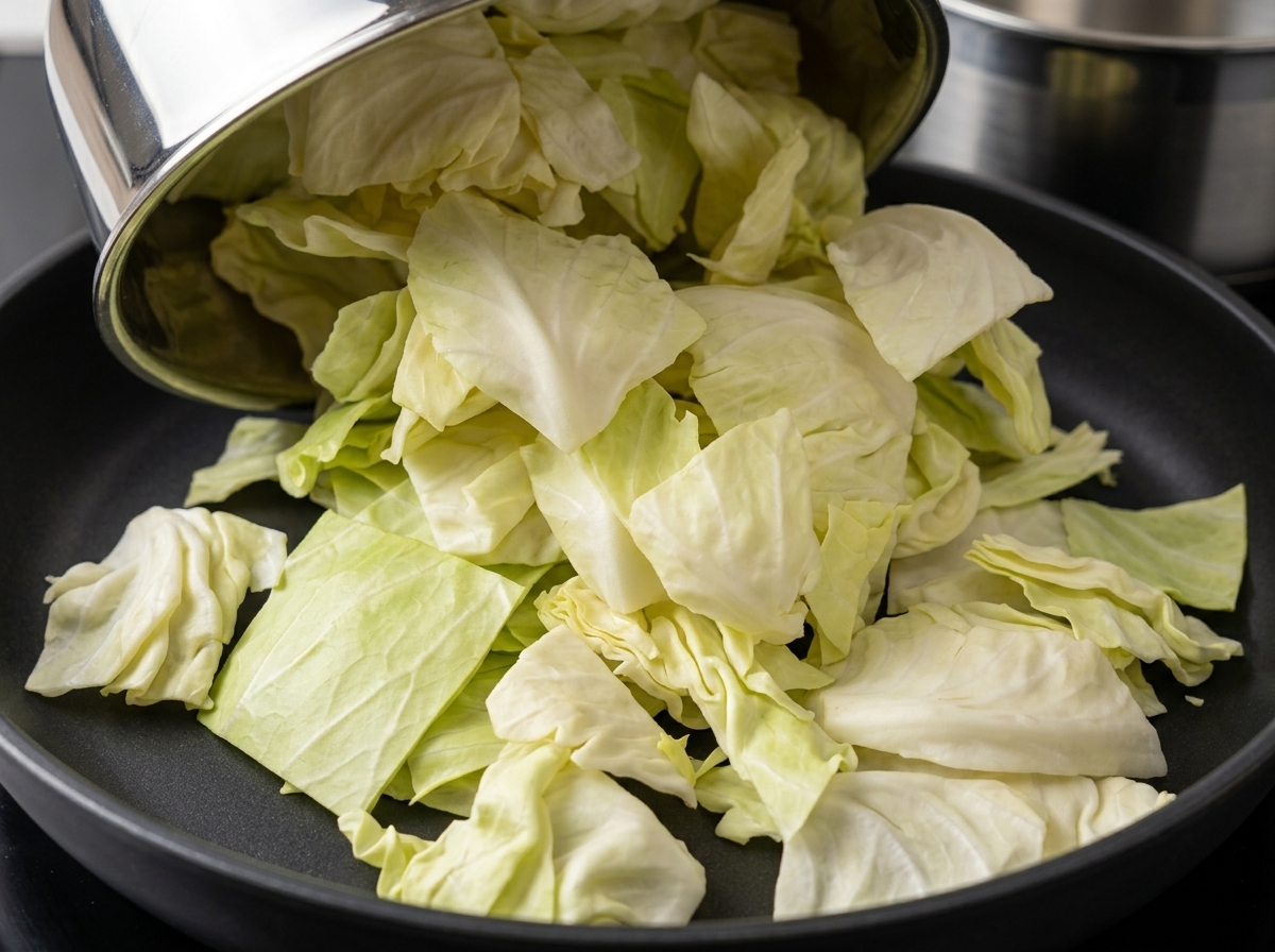 Fresh cabbage, onion, potato sticks, and rice cakes spread out in a large frying pan.