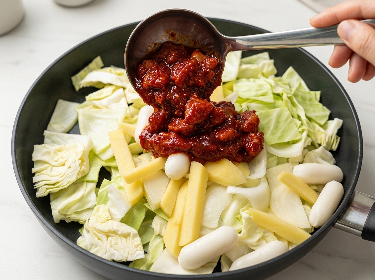 Marinated chicken pieces placed over the bed of vegetables and rice cakes in the pan.