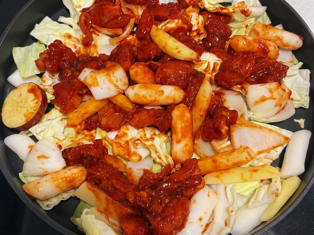 A small stream of water being poured into the pan containing chicken, vegetables, and rice cakes.