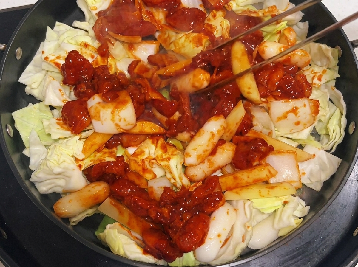 Tongs stirring the chicken and vegetable mixture in the pan during the cooking process.