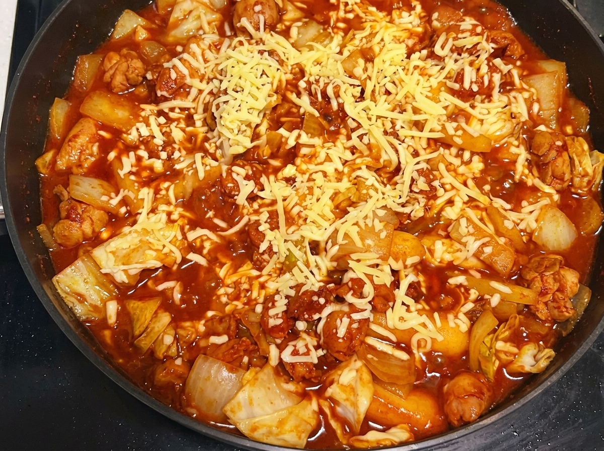 A pan filled with a colorful mixture of cooked chicken, cabbage, and rice cakes, topped with a thick, melting layer of shredded mozzarella cheese.