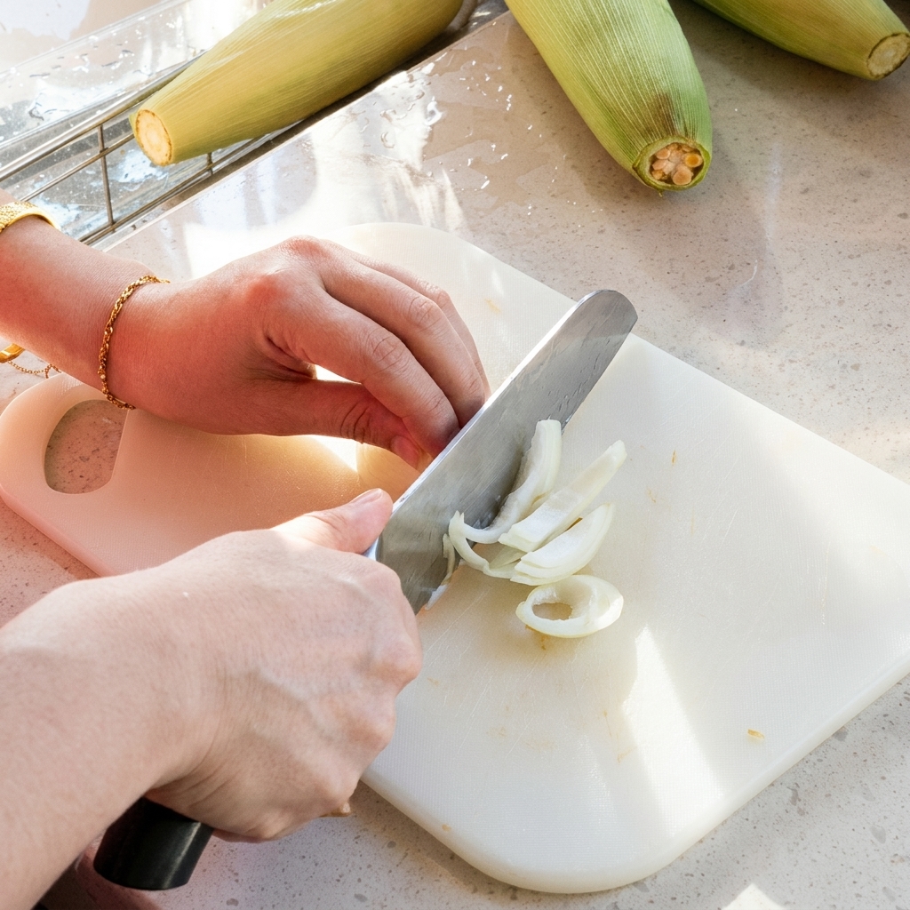 Close-up of white onion being sliced into uniform strips on a white plastic cutting board.