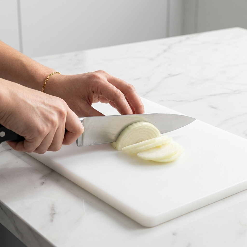 Raw chicken breast being cut into even, bite-sized cubes on a cutting surface.