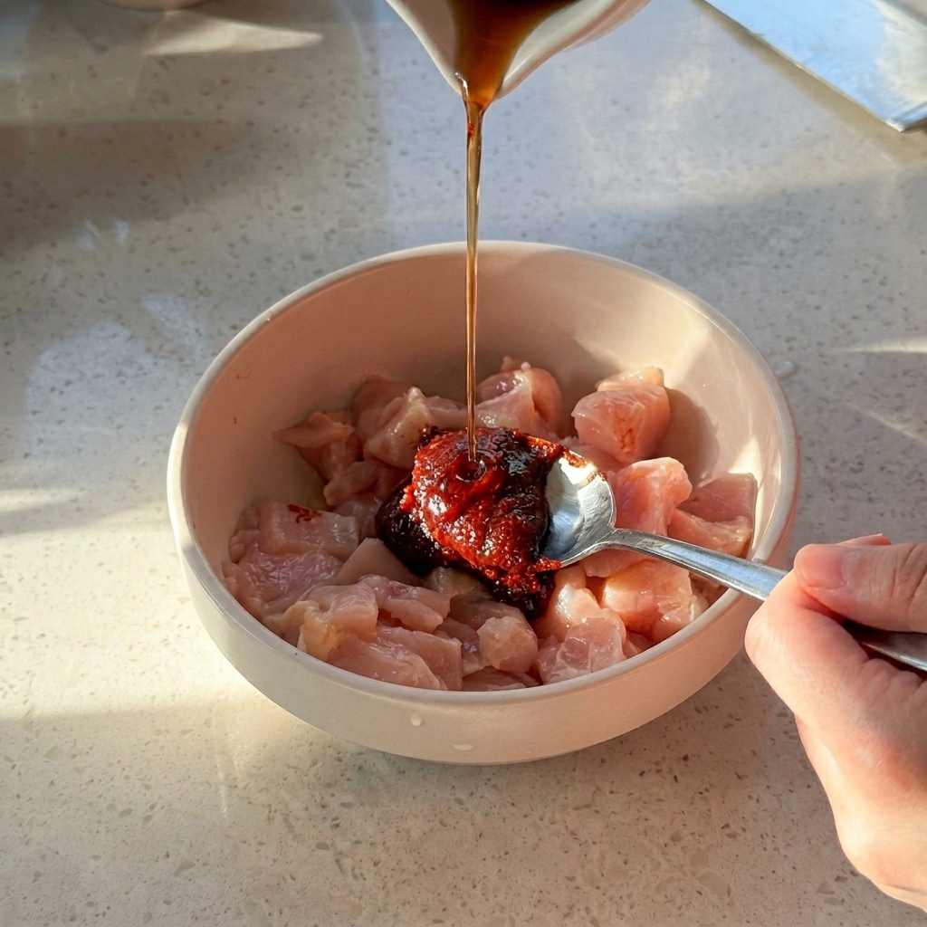 Korean chili paste being poured from a spoon into a bowl containing raw chicken chunks and dark sauce.