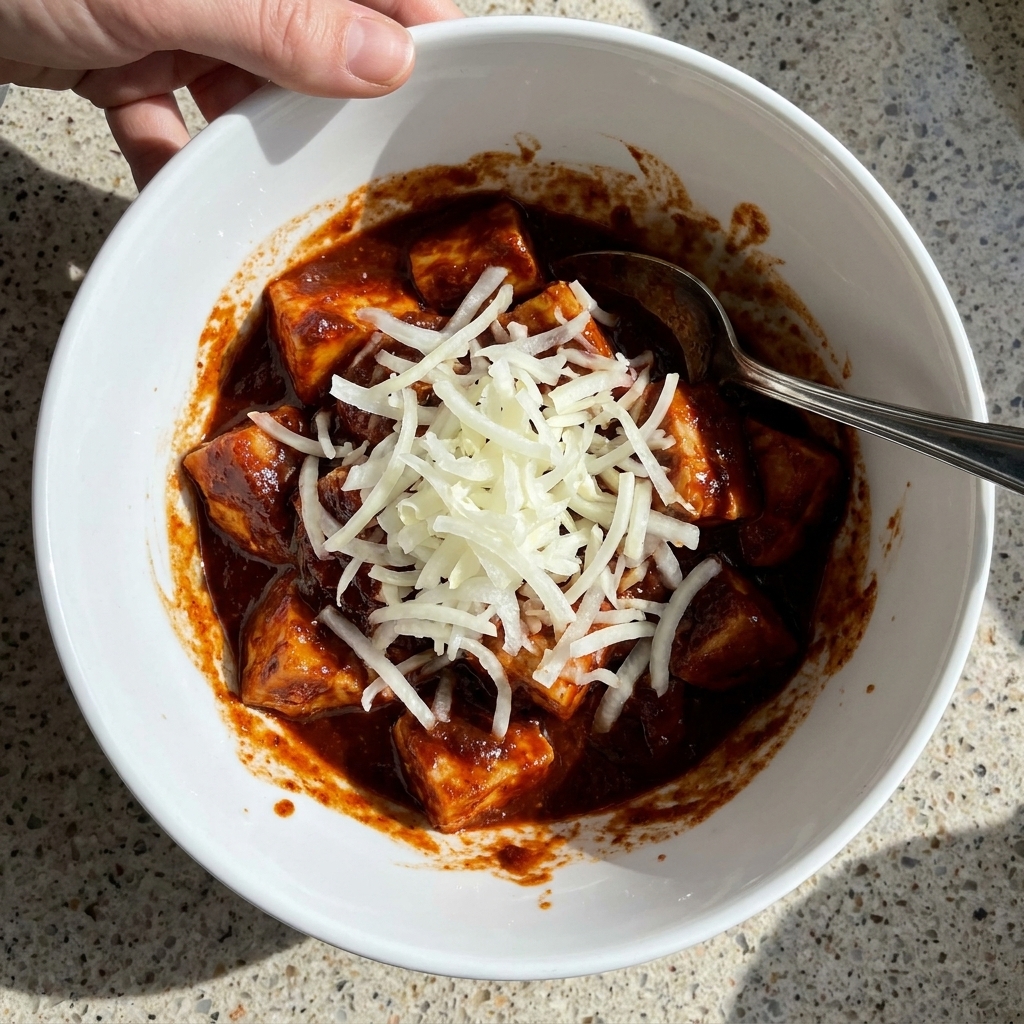 A hand using a metal spoon to mix raw chicken, sliced onions, and dark marinade in a white bowl.