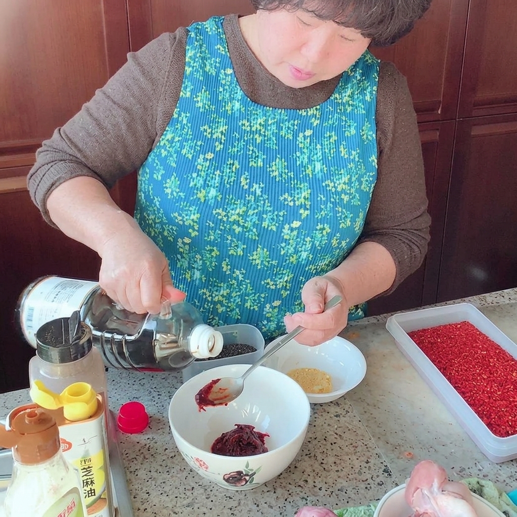 A white bowl containing red gochujang paste being mixed with other sauce ingredients using a silver spoon.