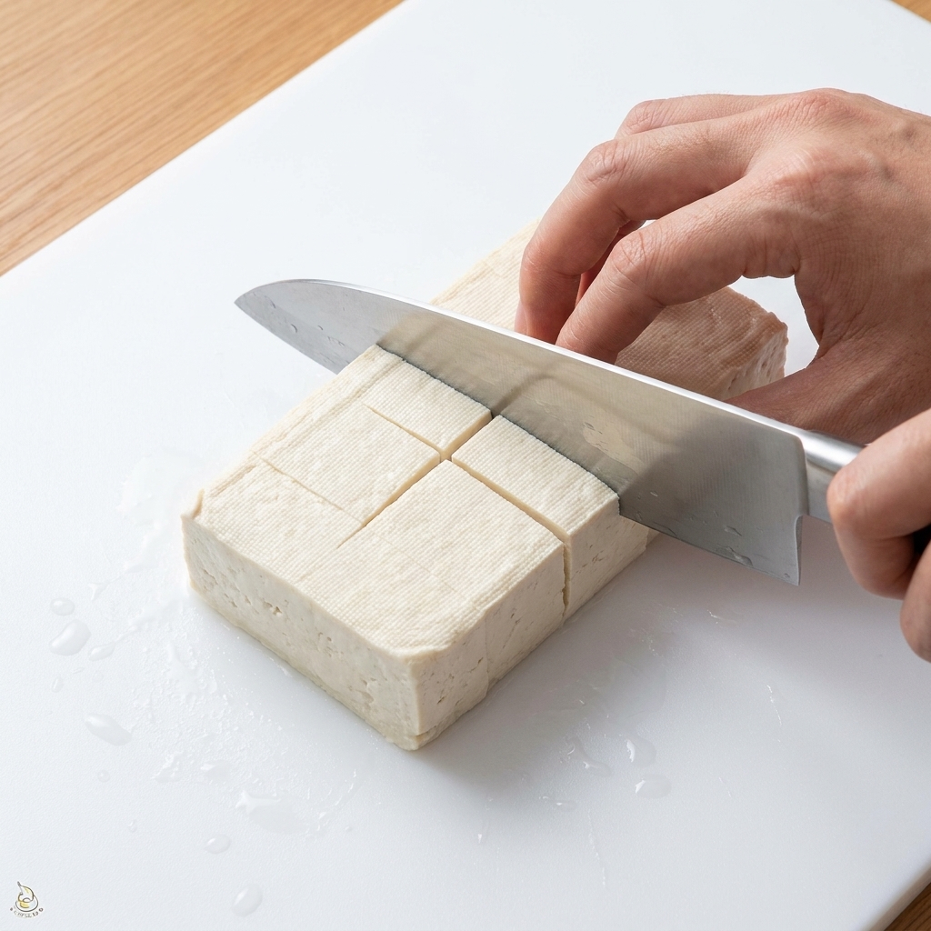 Tofu block being neatly cut into small cubes on a clean white cutting board.