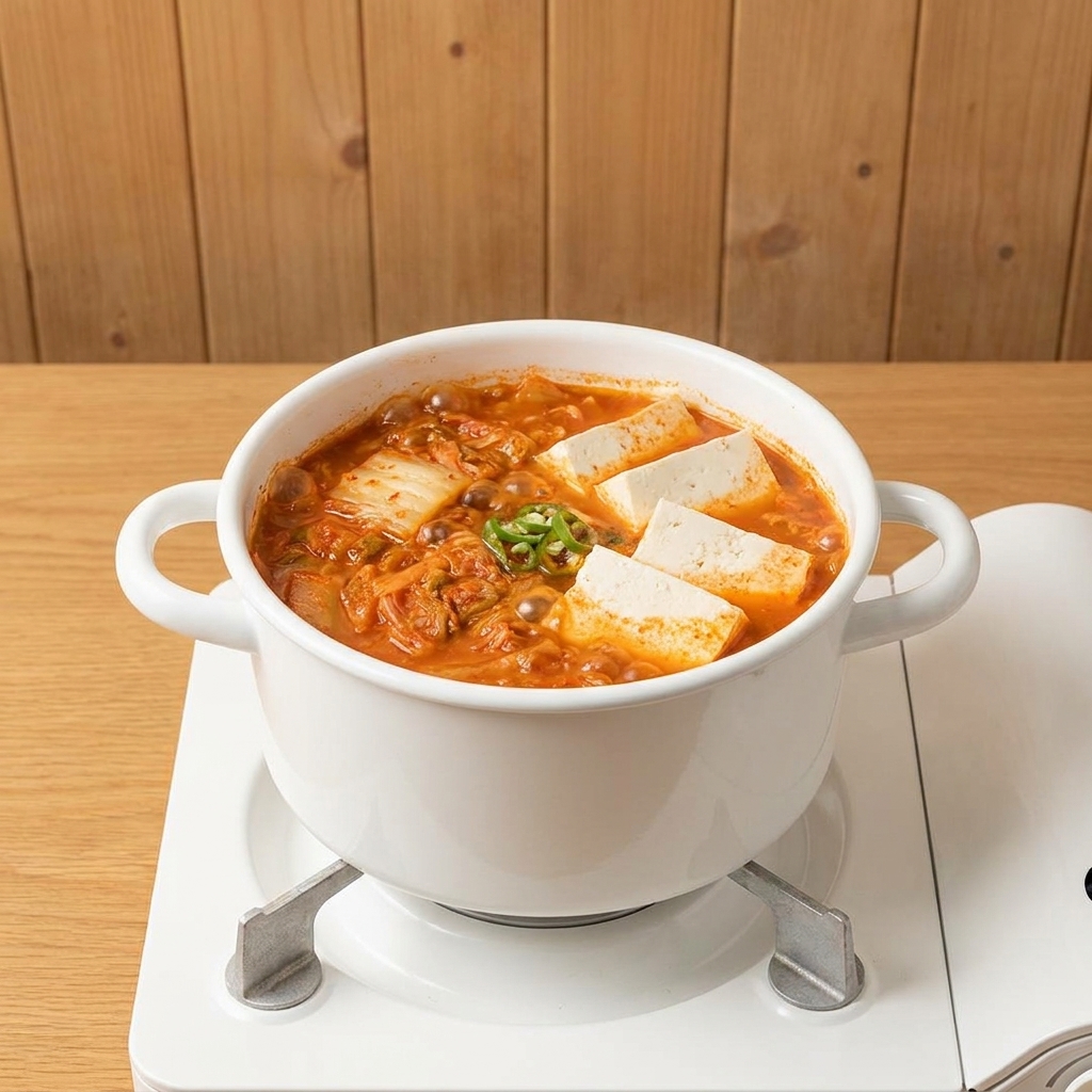Tofu cubes and fresh bean sprouts sitting atop the simmering kimchi and tuna soup base.