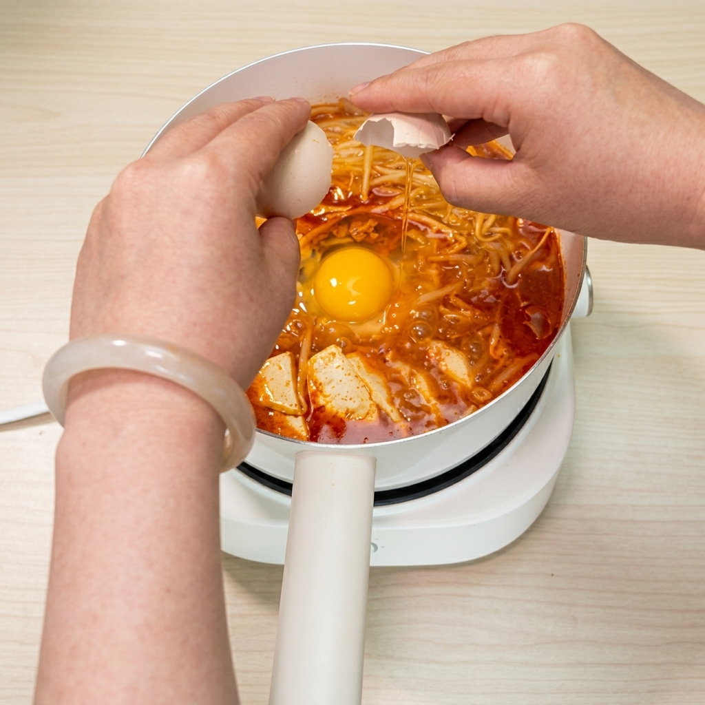 An egg being cracked into the middle of the bubbling red soup.
