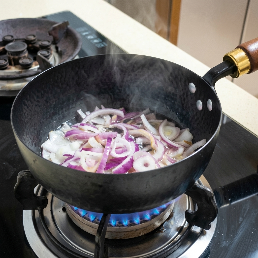 Water being added to a pan containing sautéed onions, beginning to bubble.