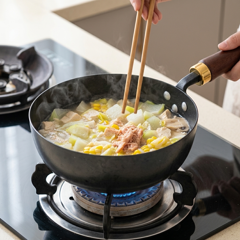 A black pot on the stove filled with tofu, vegetables, and tuna, with kimchi and red chili powder added to the broth.