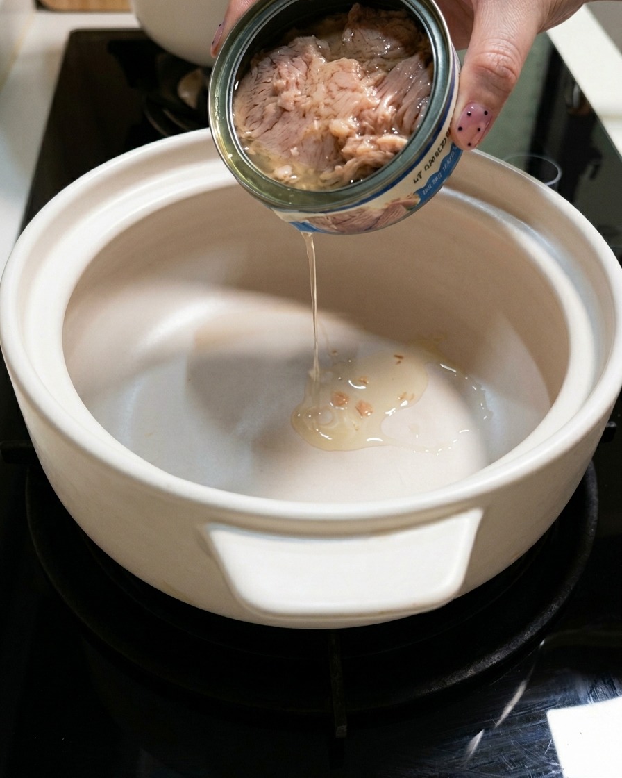 Tuna oil being poured from a tin can into a white ceramic pot.