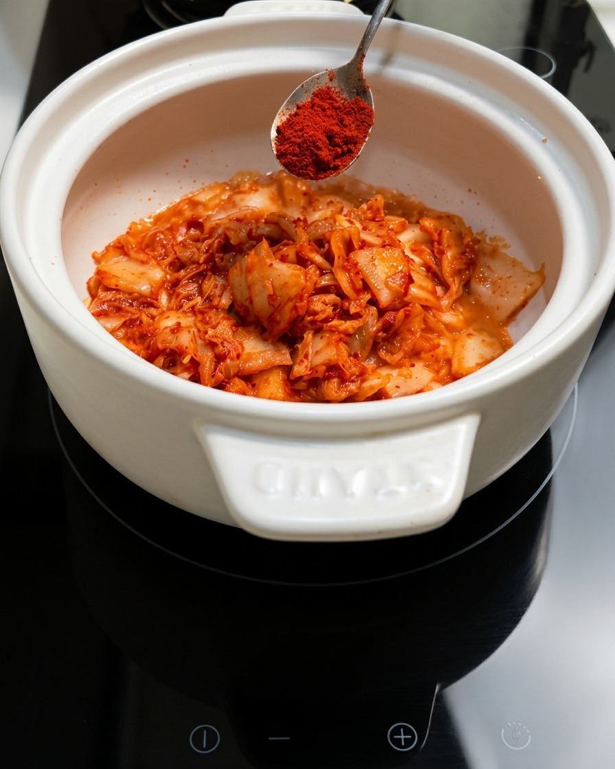 A spoonful of chili powder being added to the sautéed kimchi in the pot.