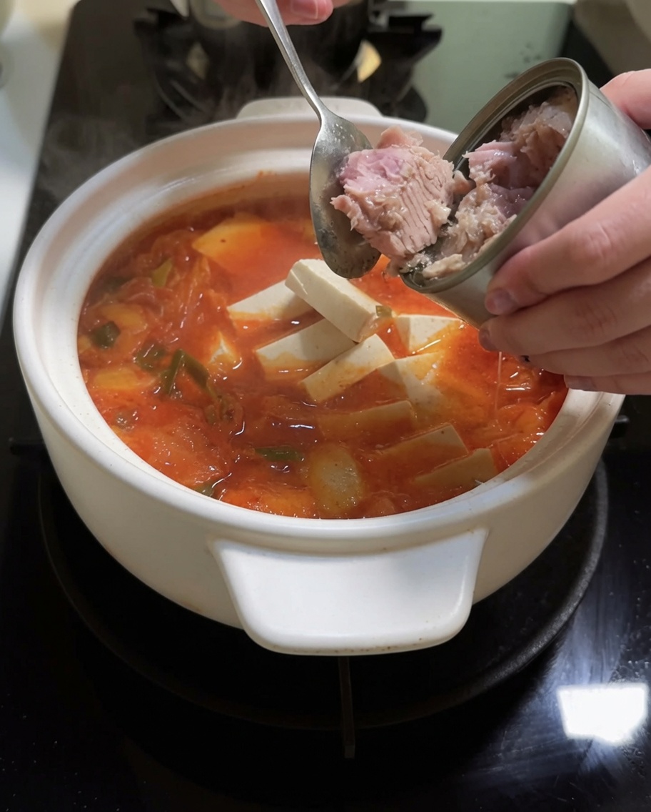Fresh tofu cubes and chunks of canned tuna being added to the simmering spicy kimchi broth.