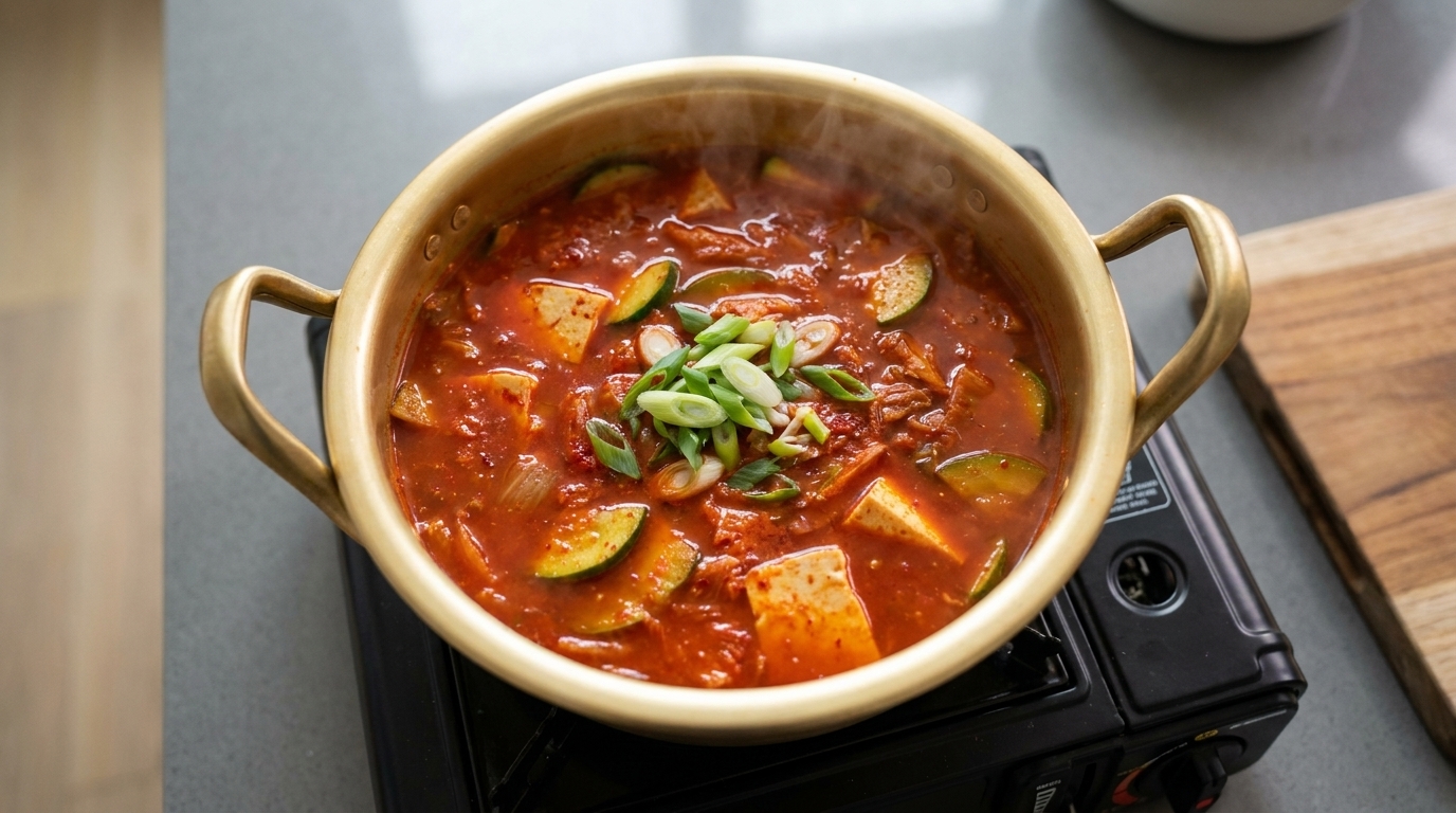 A bubbling, rich red Korean Kimchi Stew in a traditional brass pot, loaded with tofu, zucchini, and scallions.