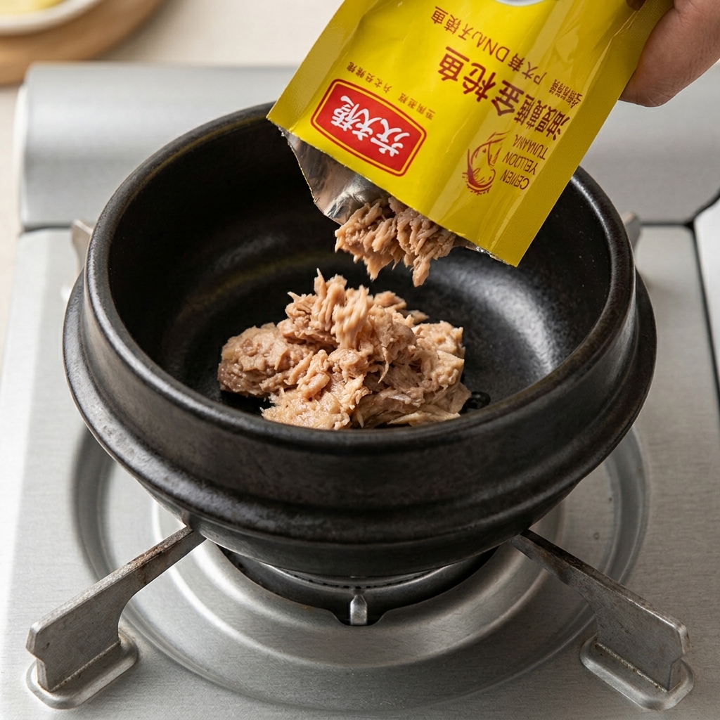 Tuna and kimchi being added and stir-fried in a black clay pot.