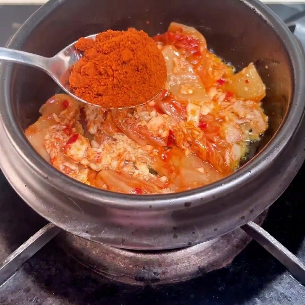 A wooden spoon stirring tuna and kimchi mixture inside a heated clay pot.