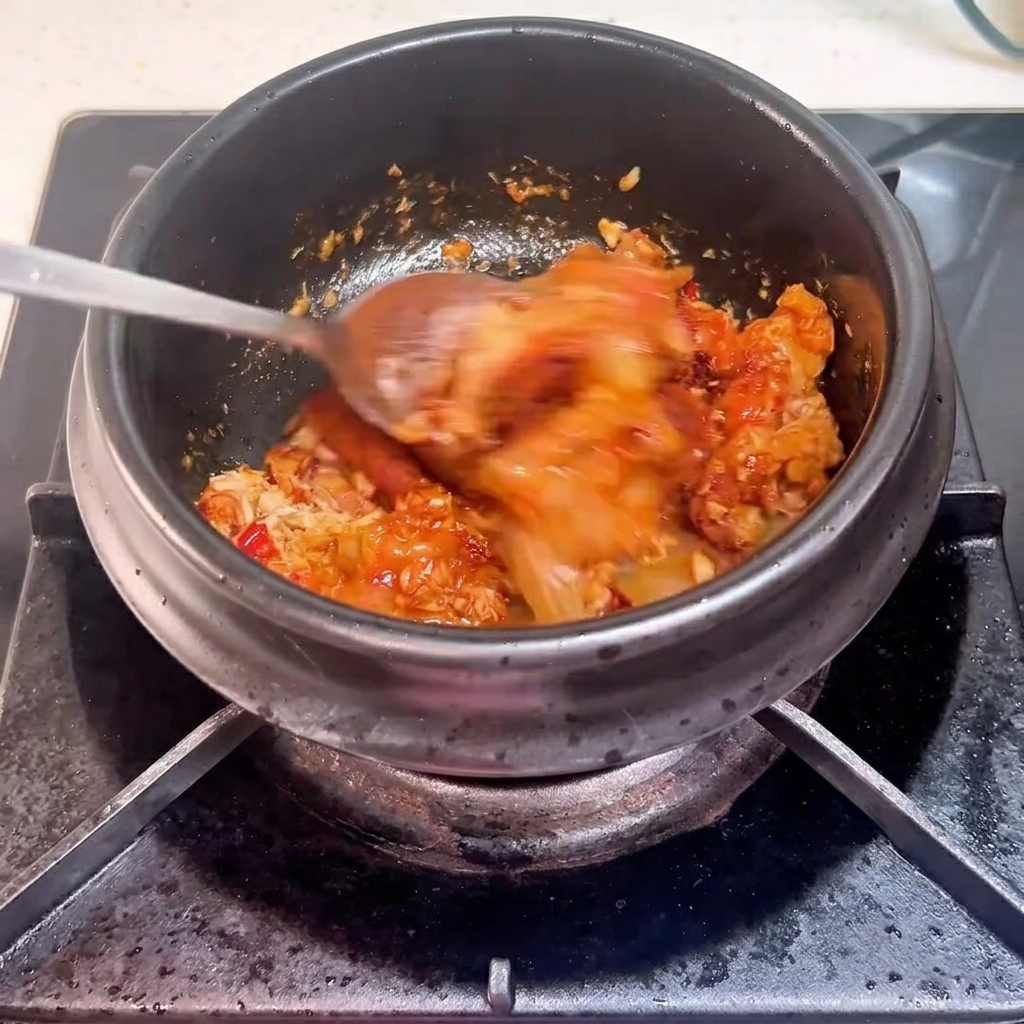 A metal spoon adding red chili powder into the pot with tuna and kimchi.