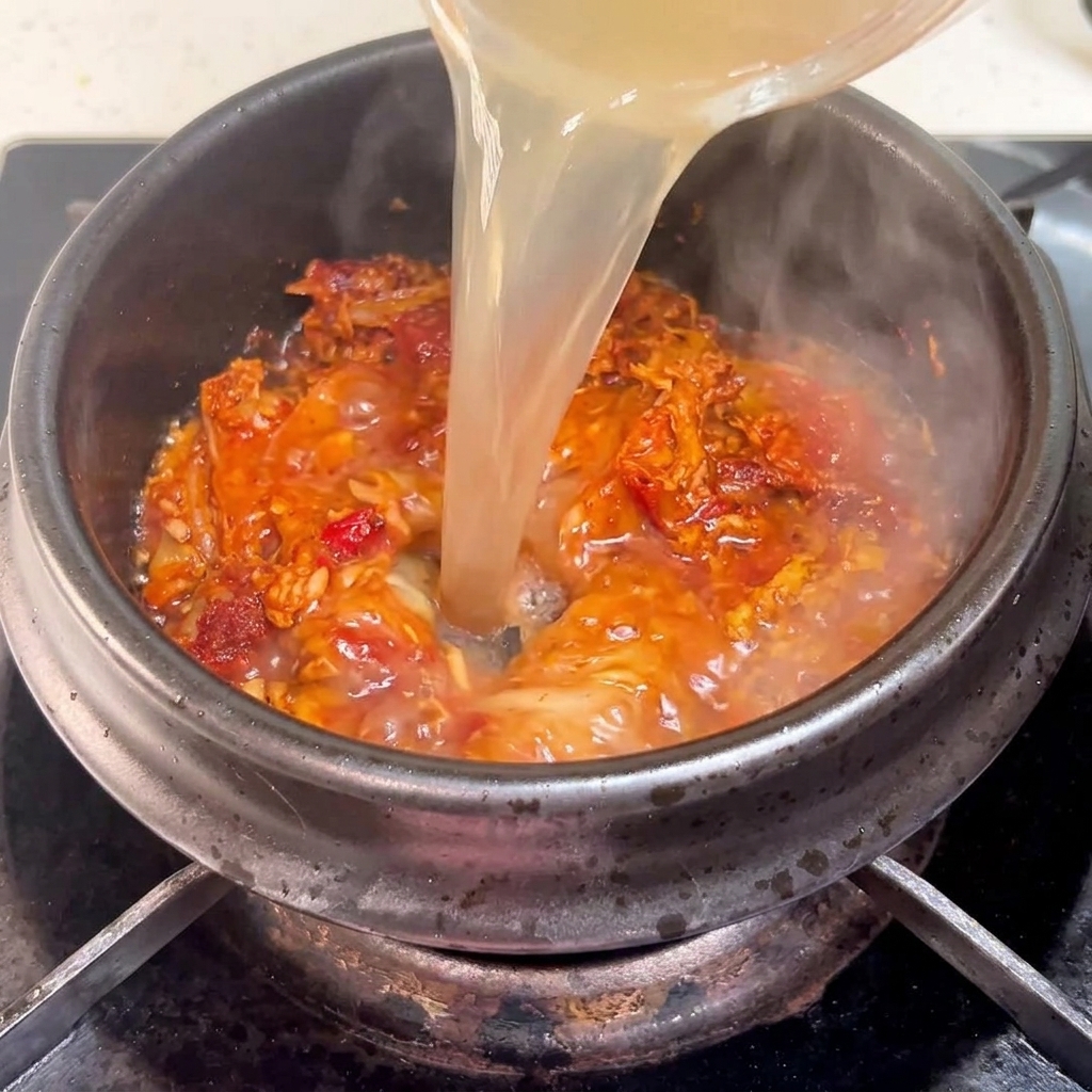 Liquid broth being poured into the clay pot containing the tuna and kimchi mixture.
