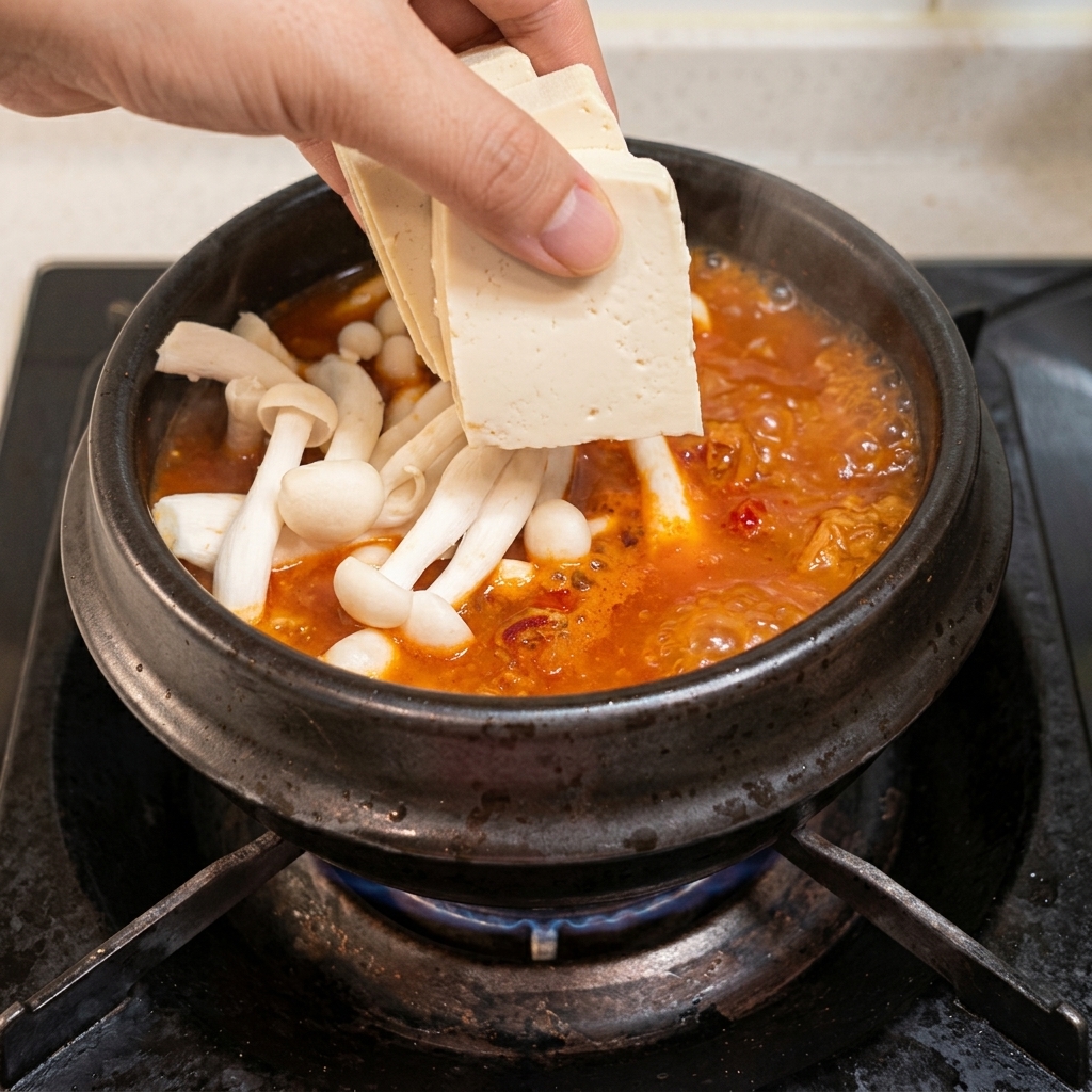 Slices of white tofu being added to the boiling soup with mushrooms.