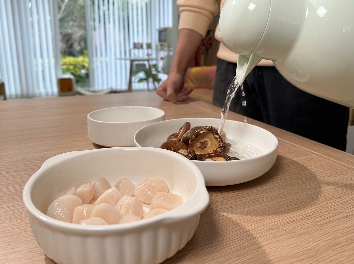Two small white bowls on a wooden table, one filled with dried shiitake mushrooms in water and the other with dried scallops in water, with a person pouring more water into one of the bowls.