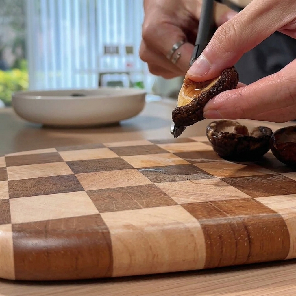 A pair of kitchen scissors cutting a rehydrated shiitake mushroom on a wooden cutting board.