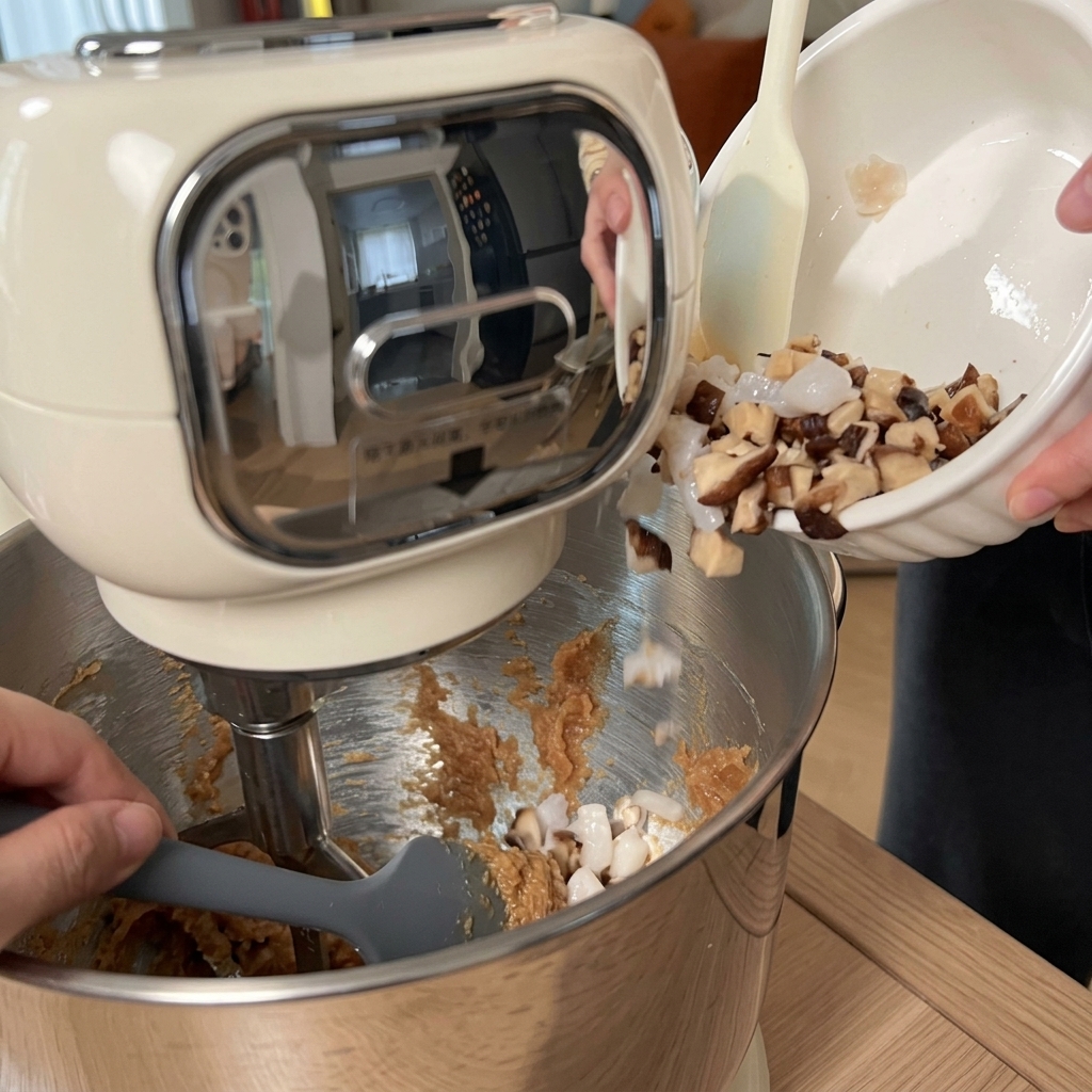 A silicone spatula scraping chopped mushrooms and scallops from a small bowl into a large stand mixer bowl containing meat.