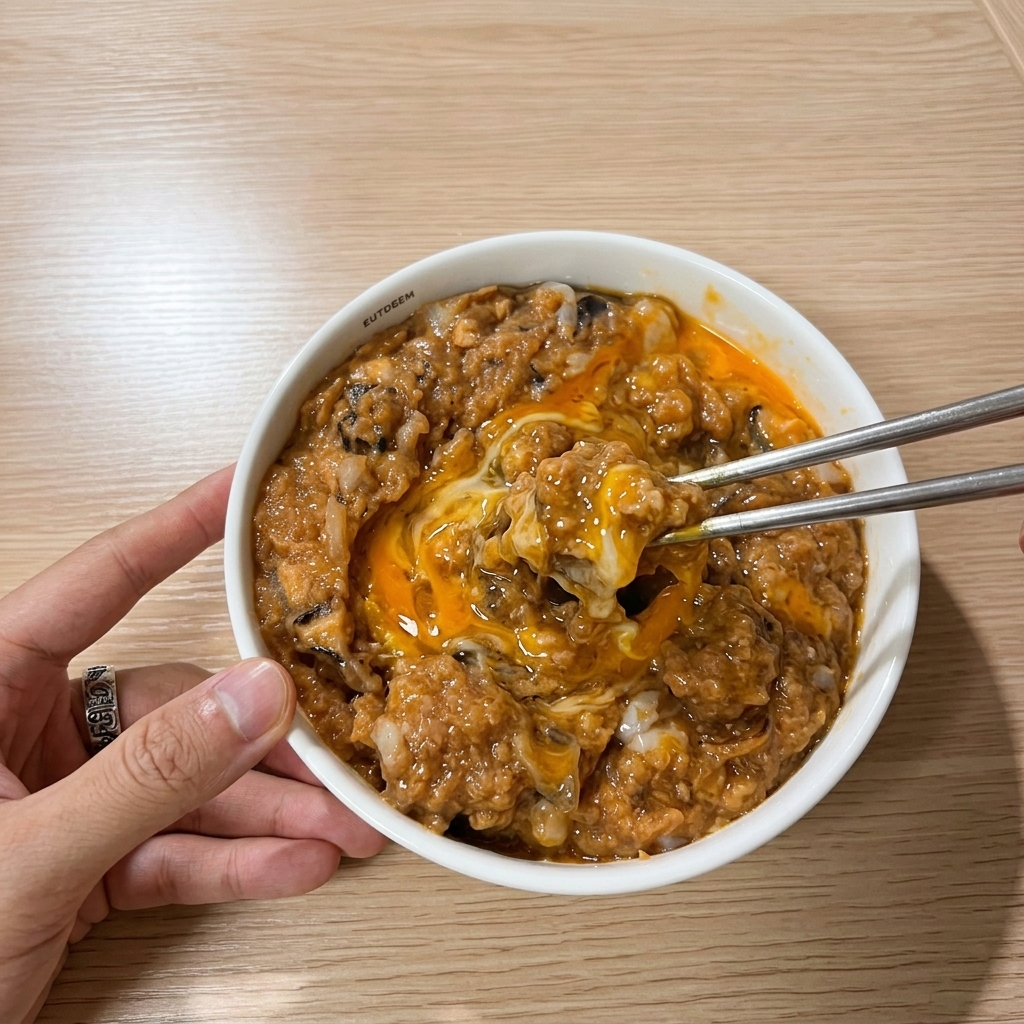 Close-up of an egg being added to a textured, seasoned meat mixture in a white bowl, stirred with stainless steel chopsticks.