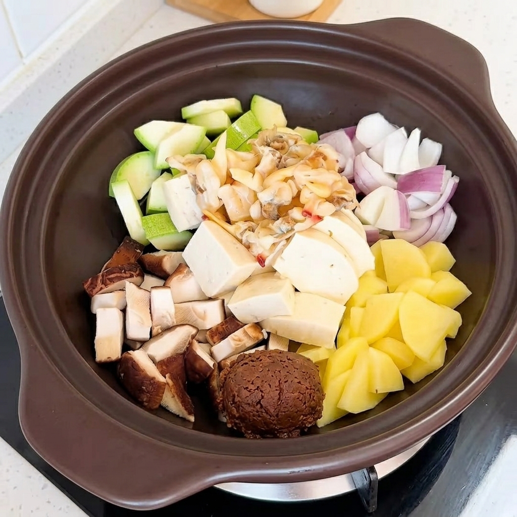 A spoonful of brown Korean soybean paste being added to the center of a pot filled with tofu, zucchini, onions, mushrooms, and dried clams.