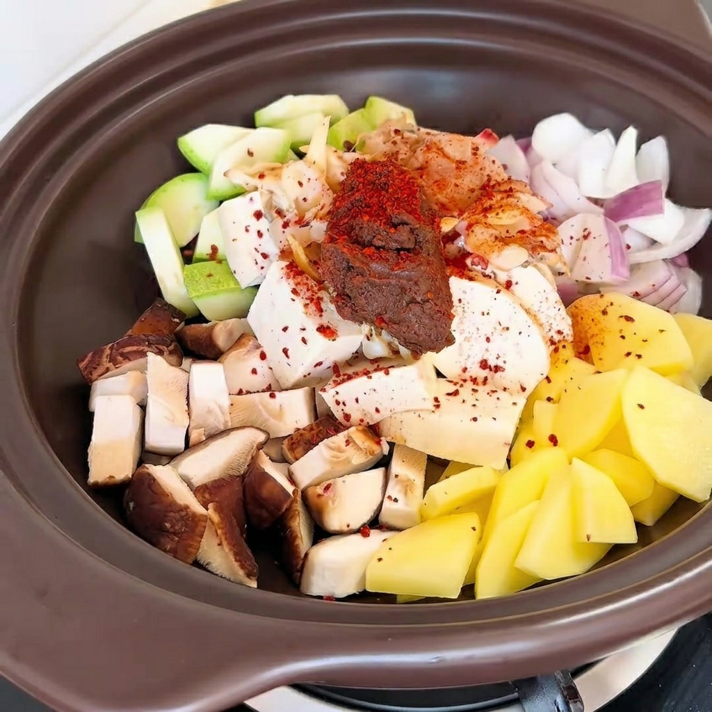 A close-up view of chili powder and beef seasoning being sprinkled over the soybean paste and vegetables in the pot.
