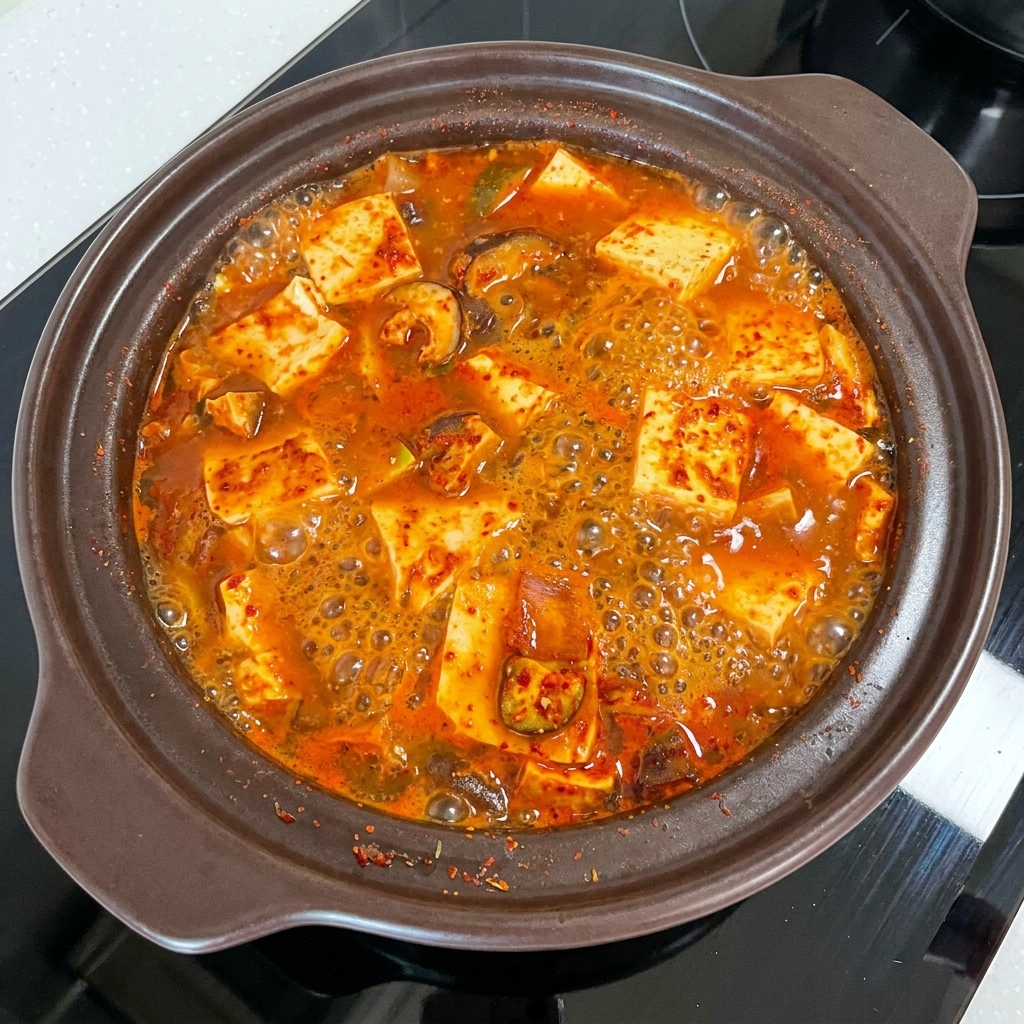 Baby bok choy and bright red and green chili slices being added to the hot, simmering soybean paste stew.