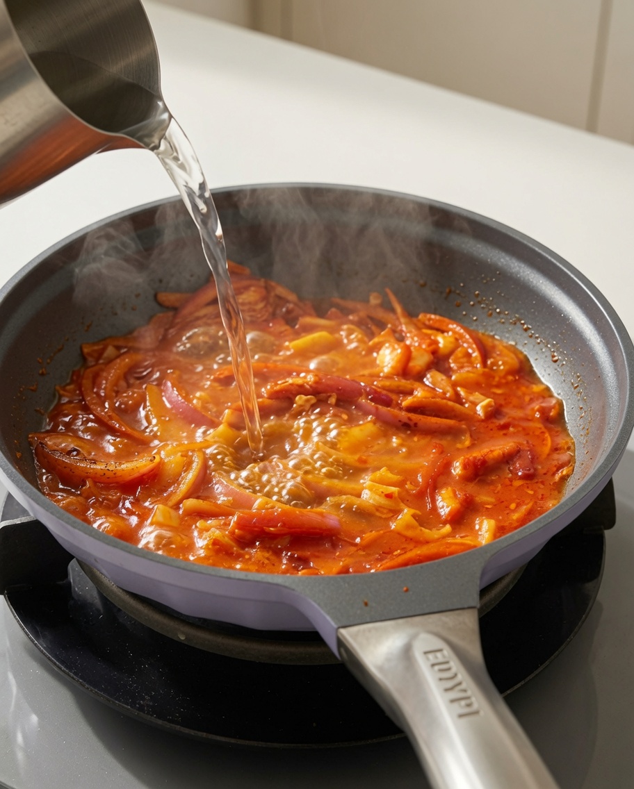 A pan of simmering kimchi broth containing enoki mushrooms, tofu, and beef.