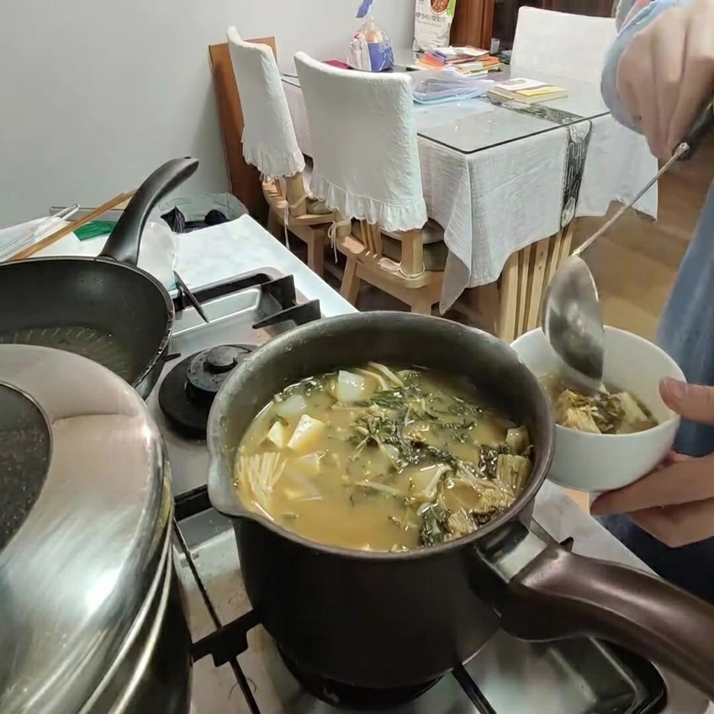Broth being poured into the pot containing the stew ingredients.