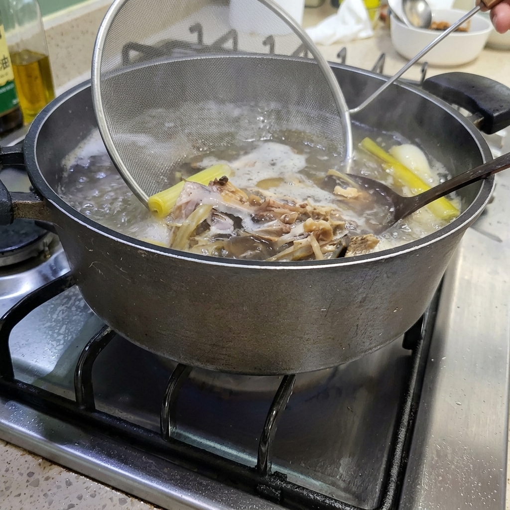 A wire strainer removing solid aromatics and a fish head from a large pot of boiling broth.