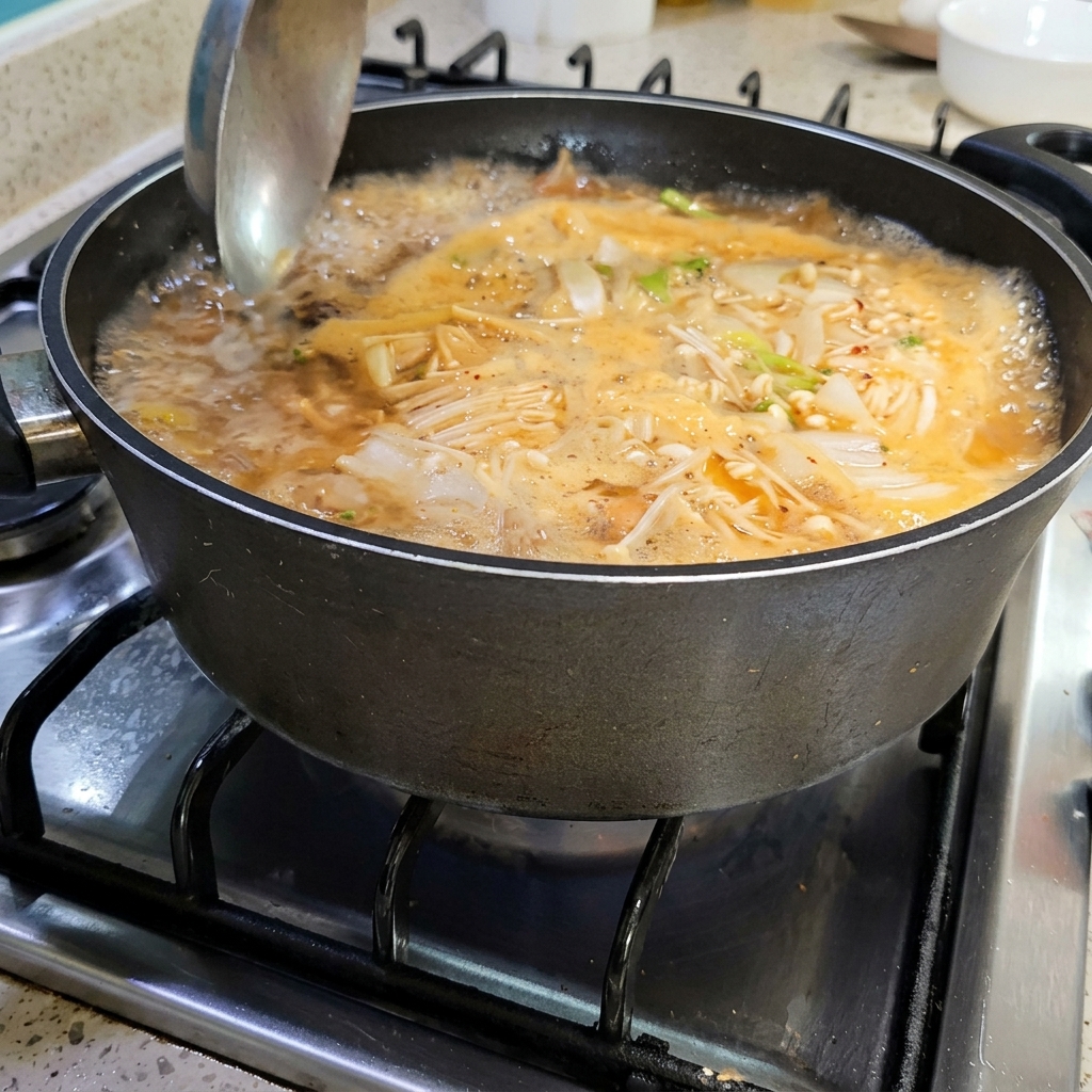 A ladle being used to carefully remove foam from the surface of the boiling Doenjang Jjigae to maintain a clean broth.