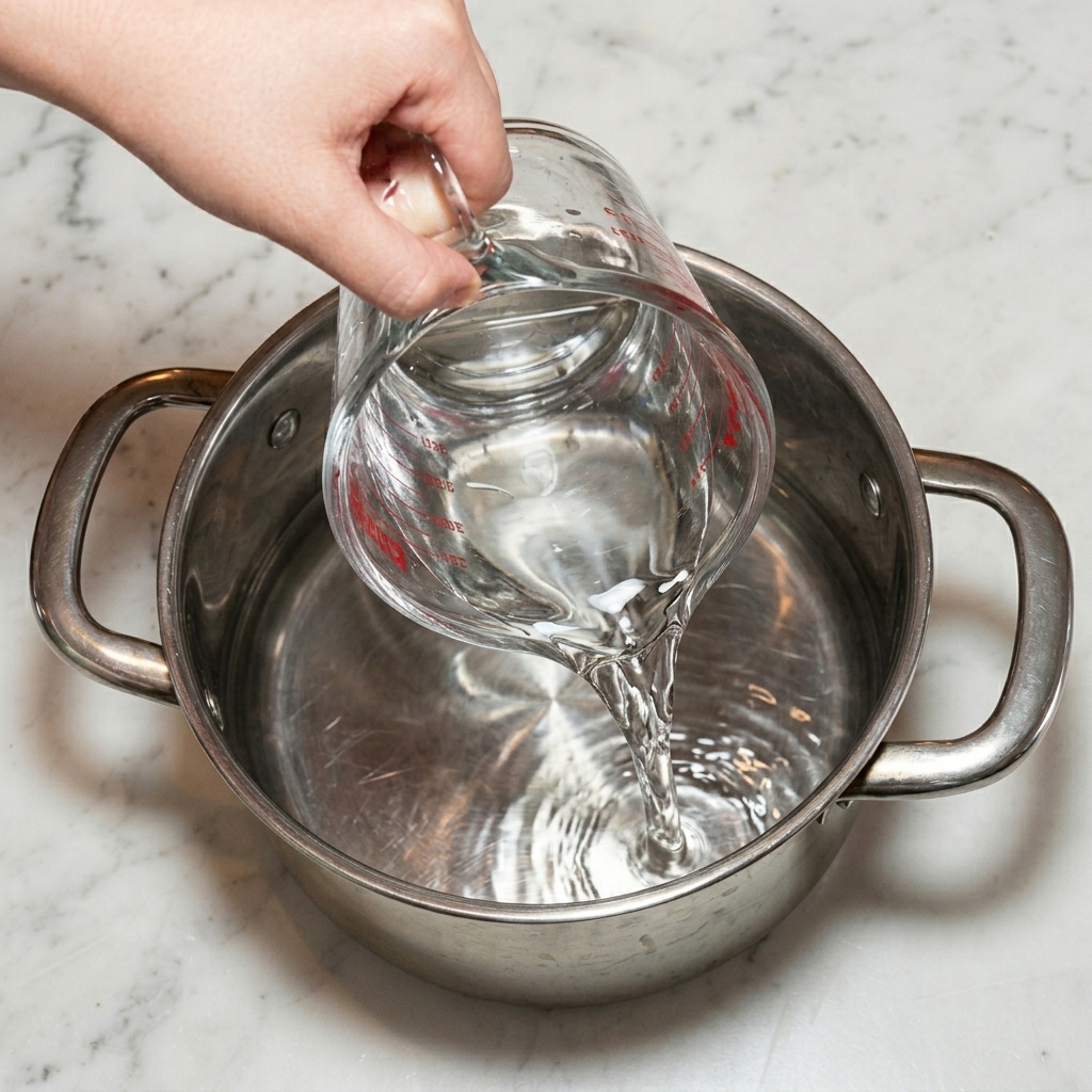 Water being poured from a glass measuring cup into the stock pot over the ingredients.