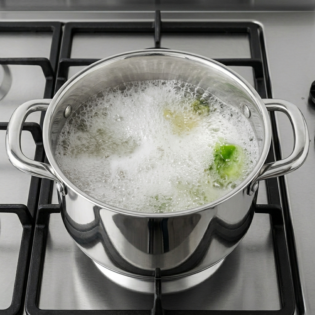 Pot with anchovy and vegetable stock bubbling on the stovetop.