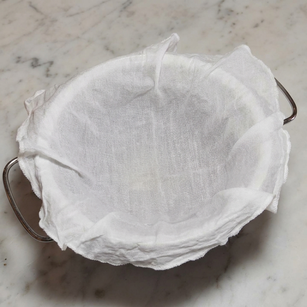Clear yellow broth being strained through a cheesecloth into a container.