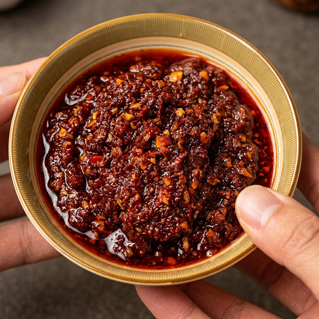 A thick, spicy red seasoning sauce being spooned over raw white cod fillets in a pan.