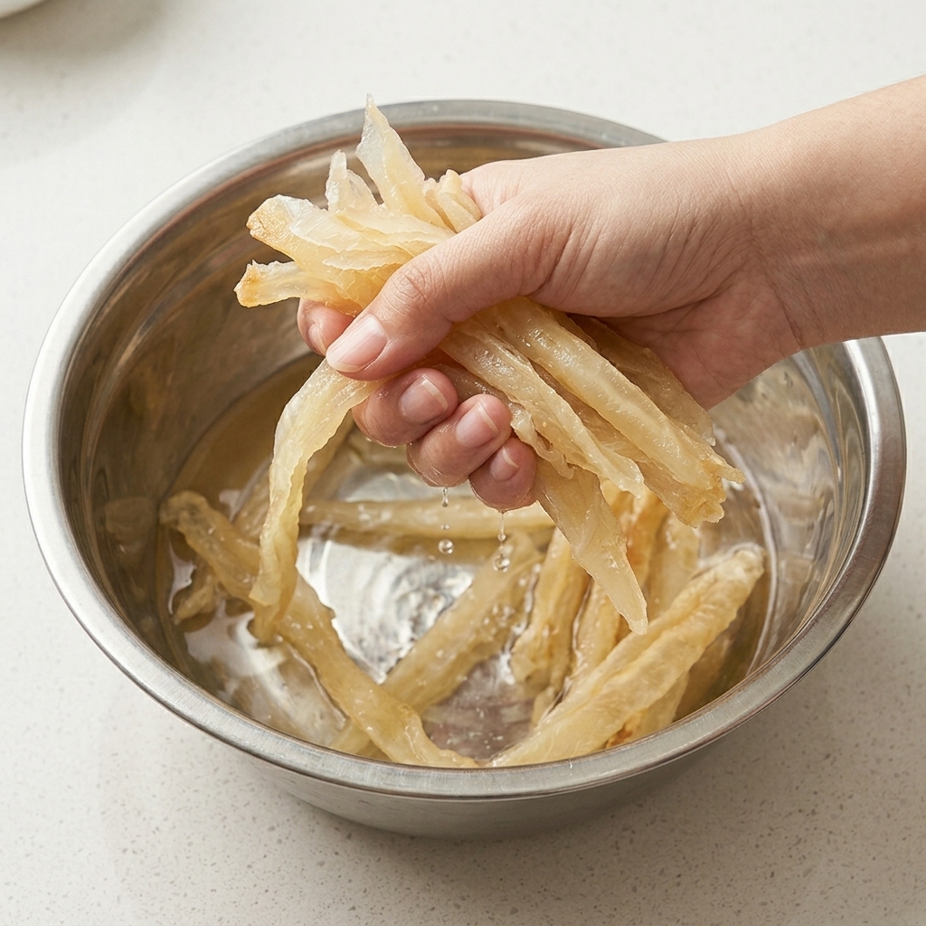 Hands squeezing water out of hydrated pollack strips over a metal bowl.